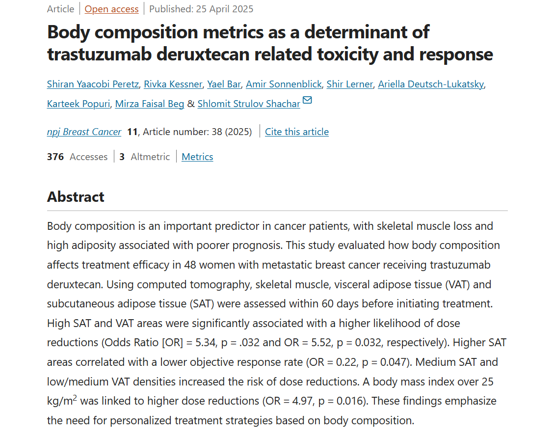 A new study in npj Breast Cancer reveals that body composition metrics can predict toxicity and response to trastuzumab deruxtecan in metastatic breast cancer patients. This research underscores the importance of personalized treatment strategies based on body composition and how