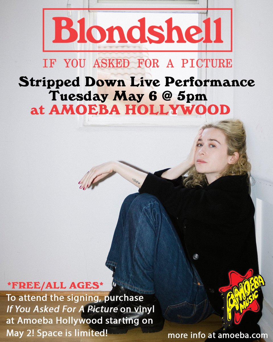 .@blondshe11 is playing a free, stripped down live performance + signing her new album at Amoeba Hollywood on Tuesday, May 6th! 

✨ Purchase the album "If You Asked For A Picture" beginning Friday, 5/2 on vinyl in-store at Amoeba to have it signed.

Info: bit.ly/3RkRZG3
