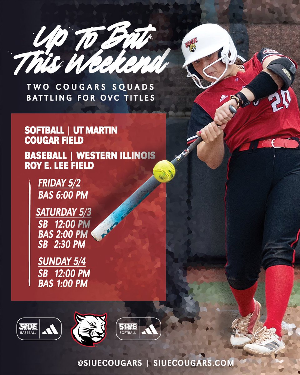 A beautiful weekend to watch 2⃣ teams aim for <a href="/OVCSports/">Ohio Valley Conference</a> titles:

▶️<a href="/SIUESB/">SIUE Softball</a> (17-6) ☝️ game back going into the final weekend!🎓Day Sunday
▶️<a href="/SIUEBaseball/">SIUE Baseball</a> (13-5) Tied for 1⃣st with ✌️ series left at🏠

🎟️siuecougars.com/tickets | #RollCougs
#OneTeamOneFamily | #TogetherWeWill