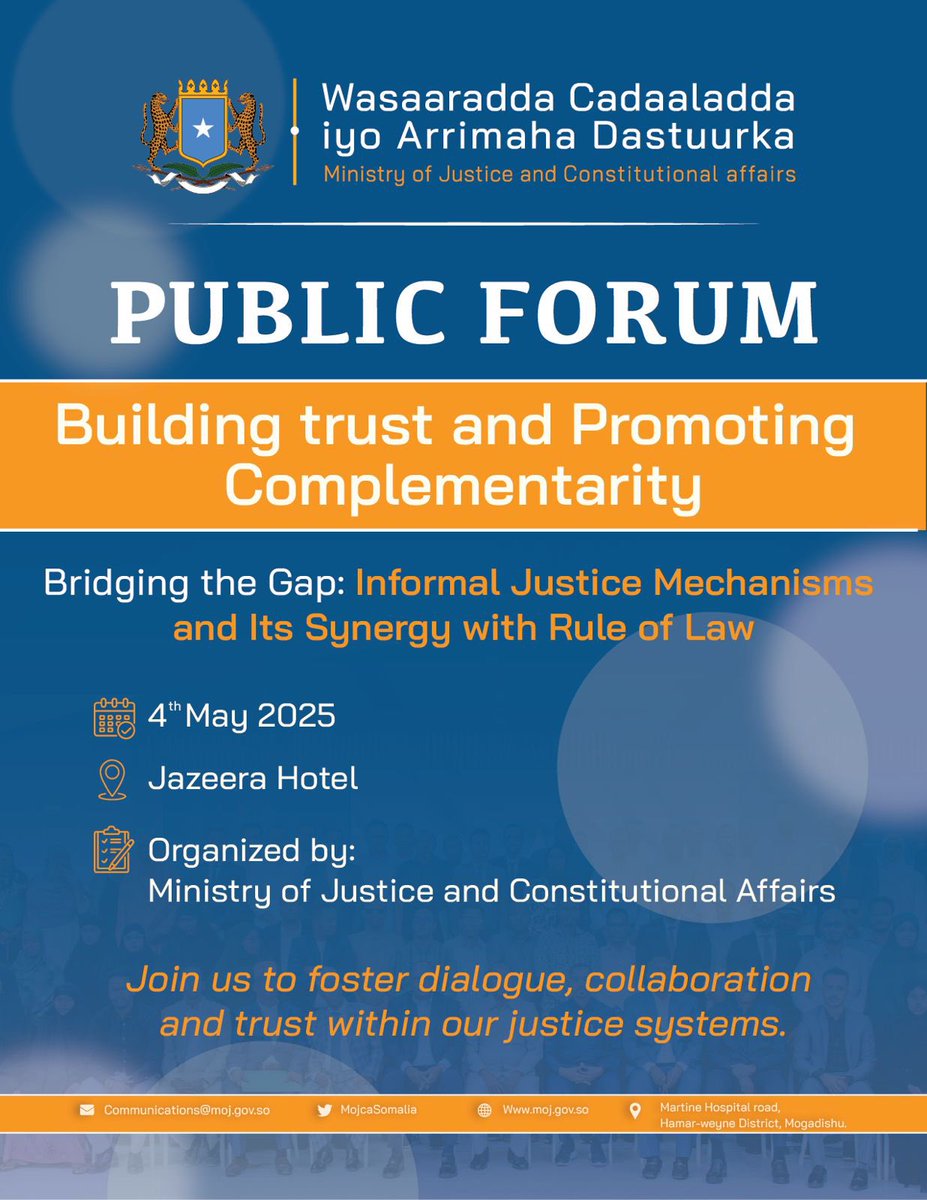Can tradition and the rule of law work hand in hand? Join <a href="/MoJSomalia/">Ministry of Justice and Constitutional Affairs🇸🇴</a> in a public dialogue on bridging informal and formal justice systems. #AccessToJustice #RuleOfLaw #MoJSomalia