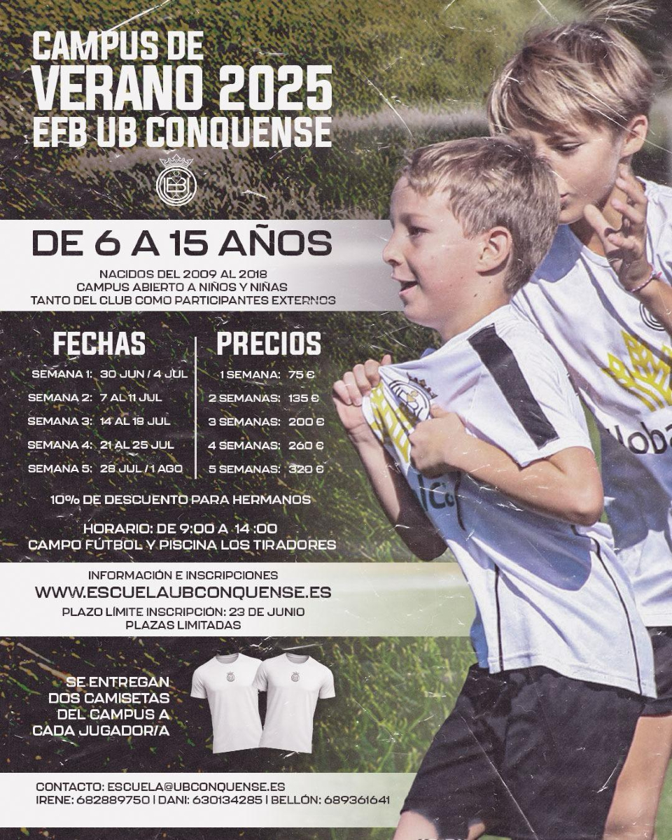 UB Conquense (@ubconquense) on Twitter photo ☀️ CAMPUS DE VERANO 2025 ☀️
‼️ATENCIÓN‼️ Abrimos las inscripciones para el CAMPUS DE VERANO
<a href="/CanteraUBC/">Cantera Balompédica</a>
2025.
⚽️ Como todos los años, durante todo el mes de Julio (este año las 5 semanas) lanzamos el campus para todos nuestros jugadores/as y todo aquel que quiera ☀️ CAMPUS DE VERANO 2025 ☀️
‼️ATENCIÓN‼️ Abrimos las inscripciones para el CAMPUS DE VERANO
<a href="/CanteraUBC/">Cantera Balompédica</a>
2025.
⚽️ Como todos los años, durante todo el mes de Julio (este año las 5 semanas) lanzamos el campus para todos nuestros jugadores/as y todo aquel que quiera