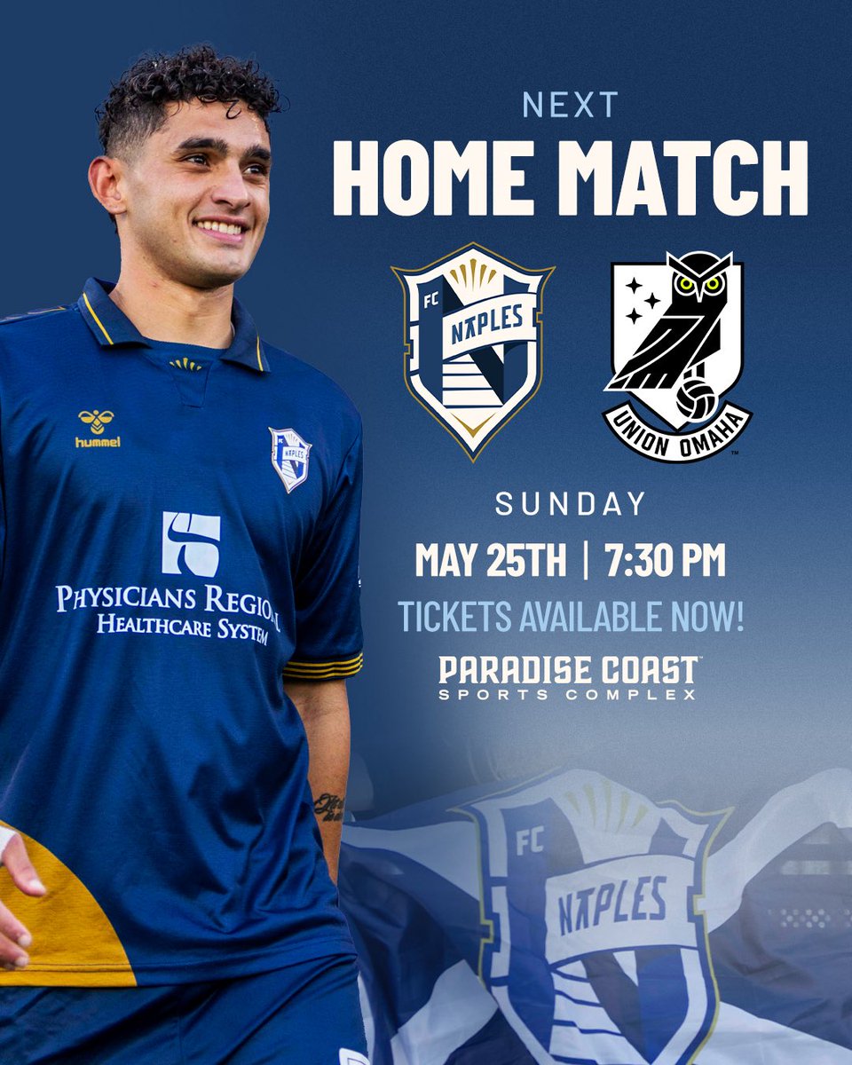 FC Naples (@fcnaples_) on Twitter photo One match at home in May, let’s make it count. 💪
Get your tickets early and be part of the action LIVE! 🎟️ 👉 bit.ly/4cRXYMj
🆚 <a href="/Union_Omaha/">Union Omaha</a>
🏟 <a href="/PCSCNaples/">Paradise Coast Sports Complex</a>
🗓 Sunday, May 25th
⏰ 7:30 PM
#FCNaples #InauguralSeason #NaplesFL #SWFL #ParadiseCoast One match at home in May, let’s make it count. 💪
Get your tickets early and be part of the action LIVE! 🎟️ 👉 bit.ly/4cRXYMj
🆚 <a href="/Union_Omaha/">Union Omaha</a>
🏟 <a href="/PCSCNaples/">Paradise Coast Sports Complex</a>
🗓 Sunday, May 25th
⏰ 7:30 PM
#FCNaples #InauguralSeason #NaplesFL #SWFL #ParadiseCoast
