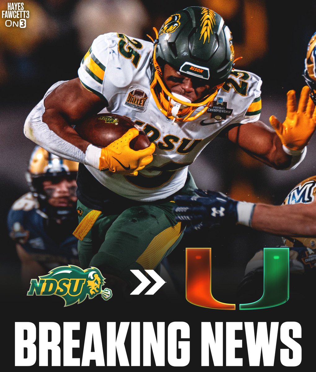 BREAKING: North Dakota State transfer RB CharMar Brown has Committed to Miami, he tells @on3sports

He rushed for 1,181 Yards &amp; 15 TDs in 2024

Won the 2024 Jerry Rice Award, which goes to the Top FCS Freshman

on3.com/transfer-porta…
