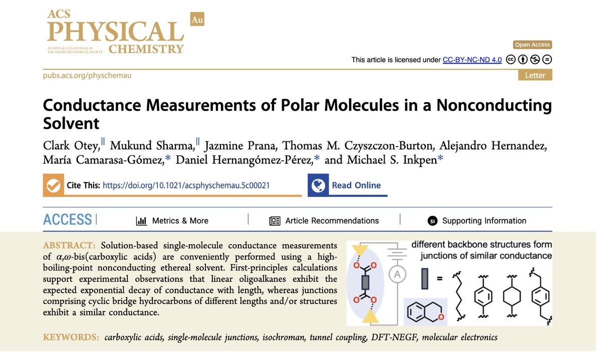 Mukund Sharma (@immsharma2) on Twitter photo I am thrilled to announce that my first first author paper just got published in <a href="/ACSPublications/">ACS Publications</a> <a href="/JPhysChem/">The Journal of Physical Chemistry</a> Au. <a href="/USCChemistry/">USC Chemistry</a>
We report the solution-based single molecule conductance measurements of bis (carboxylic acids) in non conducting solvent.
pubs-acs-org.libproxy2.usc.edu/doi/full/10.10⌠I am thrilled to announce that my first first author paper just got published in <a href="/ACSPublications/">ACS Publications</a> <a href="/JPhysChem/">The Journal of Physical Chemistry</a> Au. <a href="/USCChemistry/">USC Chemistry</a>
We report the solution-based single molecule conductance measurements of bis (carboxylic acids) in non conducting solvent.
pubs-acs-org.libproxy2.usc.edu/doi/full/10.10âŚ