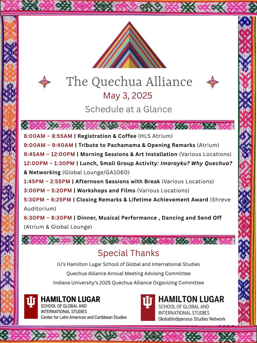 IUCLACS's tweet image. Join us this Saturday, May 3rd, for the 9th Annual Quechua Alliance
Let's celebrate the history, art, culture, and knowledge of #Quechua
@hamiltonlugar 355 N Eagleson Ave. Bloomington, IN 47405
This event is free and open to everyone!
See the updated event schedule