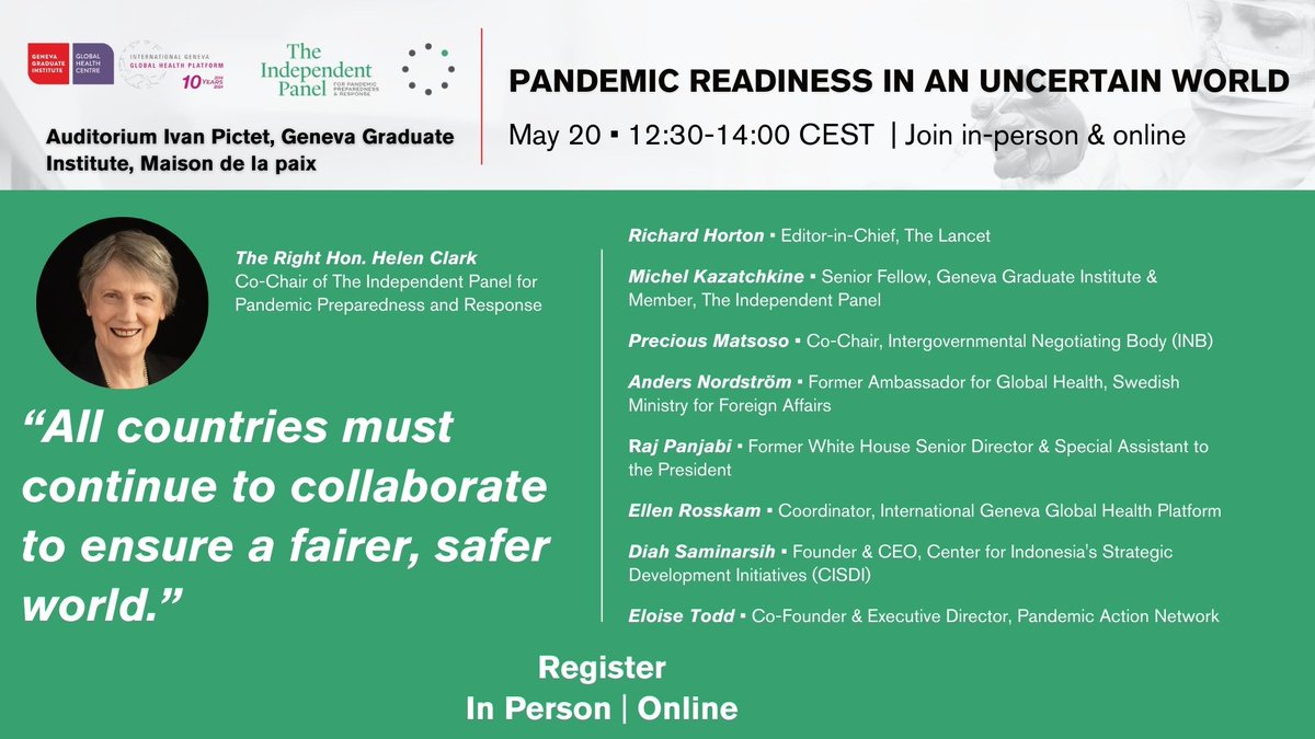 The Independent Panel (@theindpanel) on Twitter photo On May 20 at the time of #WHA78, join <a href="/HelenClarkNZ/">Helen Clark</a> with members of <a href="/TheIndPanel/">The Independent Panel</a> for expert discussions on how the world can be prepared for a pandemic threat in these uncertain times.
Helen Clark will be joined by <a href="/richardhorton1/">richard horton</a> , <a href="/Kazatchkine/">Michel Kazatchkine</a>, Precious Matsoso, Anders On May 20 at the time of #WHA78, join <a href="/HelenClarkNZ/">Helen Clark</a> with members of <a href="/TheIndPanel/">The Independent Panel</a> for expert discussions on how the world can be prepared for a pandemic threat in these uncertain times.
Helen Clark will be joined by <a href="/richardhorton1/">richard horton</a> , <a href="/Kazatchkine/">Michel Kazatchkine</a>, Precious Matsoso, Anders