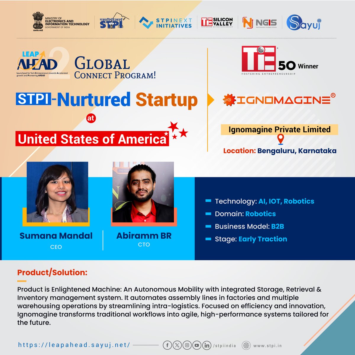 STPI (@stpiindia) on Twitter photo 🌟 A Celebratory Milestone!
STPI-nurtured startup M/s <a href="/ignomagine/">Ignomagine Pvt Ltd</a> Private Limited has been honored as a #TiE50 Winner and is proudly 🇮🇳 showcasing India's tech excellence in 🇺🇸 the United States through the 2nd Edition of the Leap Ahead Global Connect Program, further 🌟 A Celebratory Milestone!
STPI-nurtured startup M/s <a href="/ignomagine/">Ignomagine Pvt Ltd</a> Private Limited has been honored as a #TiE50 Winner and is proudly 🇮🇳 showcasing India's tech excellence in 🇺🇸 the United States through the 2nd Edition of the Leap Ahead Global Connect Program, further