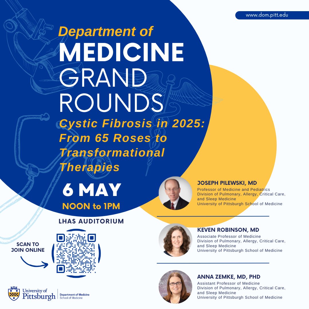 PittDeptofMed (@pittdeptofmed) on Twitter photo Join us at noon on Tuesday, 05.06.25, for the next DOM Grand Rounds!
Tuesday's MGR, "Cystic Fibrosis in 2025: From 65 Roses to Transformational Therapies," will be presented by Drs. Joseph Pilweski, Keven Robinson, and Anna Zemke from <a href="/PACCSM/">PACCSM</a>.
For the link, visit Join us at noon on Tuesday, 05.06.25, for the next DOM Grand Rounds!
Tuesday's MGR, "Cystic Fibrosis in 2025: From 65 Roses to Transformational Therapies," will be presented by Drs. Joseph Pilweski, Keven Robinson, and Anna Zemke from <a href="/PACCSM/">PACCSM</a>.
For the link, visit