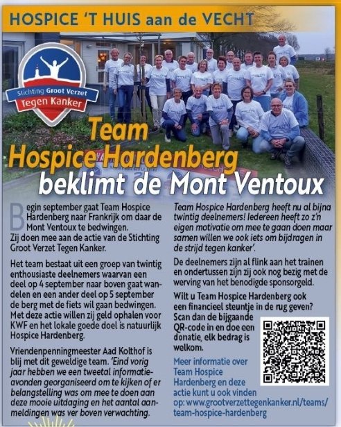 Wij gaan de Mont Ventoux beklimmen! Samen met <a href="/StMontVentoux/">StichtingGrootVerzetTegenKanker</a> brengen we geld bij elkaar voor <a href="/kwf_nl/">KWFKankerbestrijding</a> en <a href="/HuisaandeVecht/">HospiceHuisadVecht</a>.
Doneer door de QRcode te scannen, wordt (bedrijfs)sponsor of sluit je aan bij ons team.
Dus leef mee, ga mee, doe mee of geef mee dmv een donatie. 👍