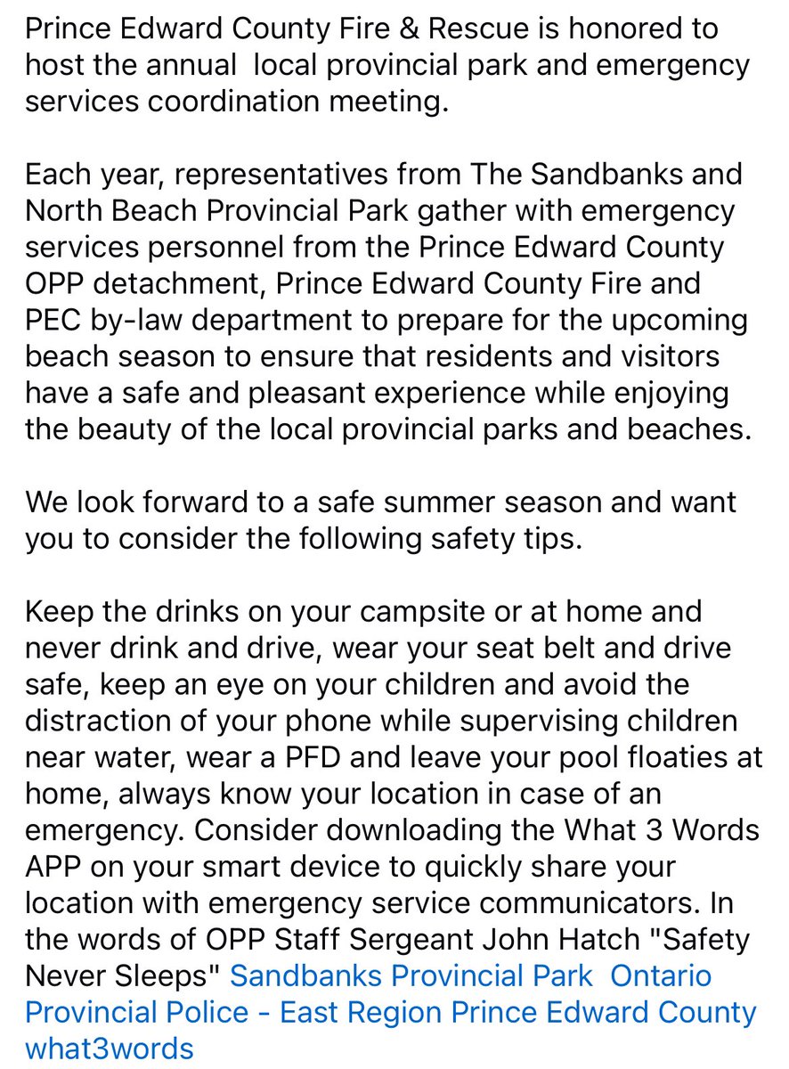 fire_pec's tweet image. Prince Edward County Fire &amp;amp; Rescue is grateful for the opportunity to partner with @SandbanksPP and the Prince Edward County OPP detachment @OPP_ER to prepare for the upcoming summer season. We want to ensure that all residents and guests have a safe summer season. @Shire_Hall