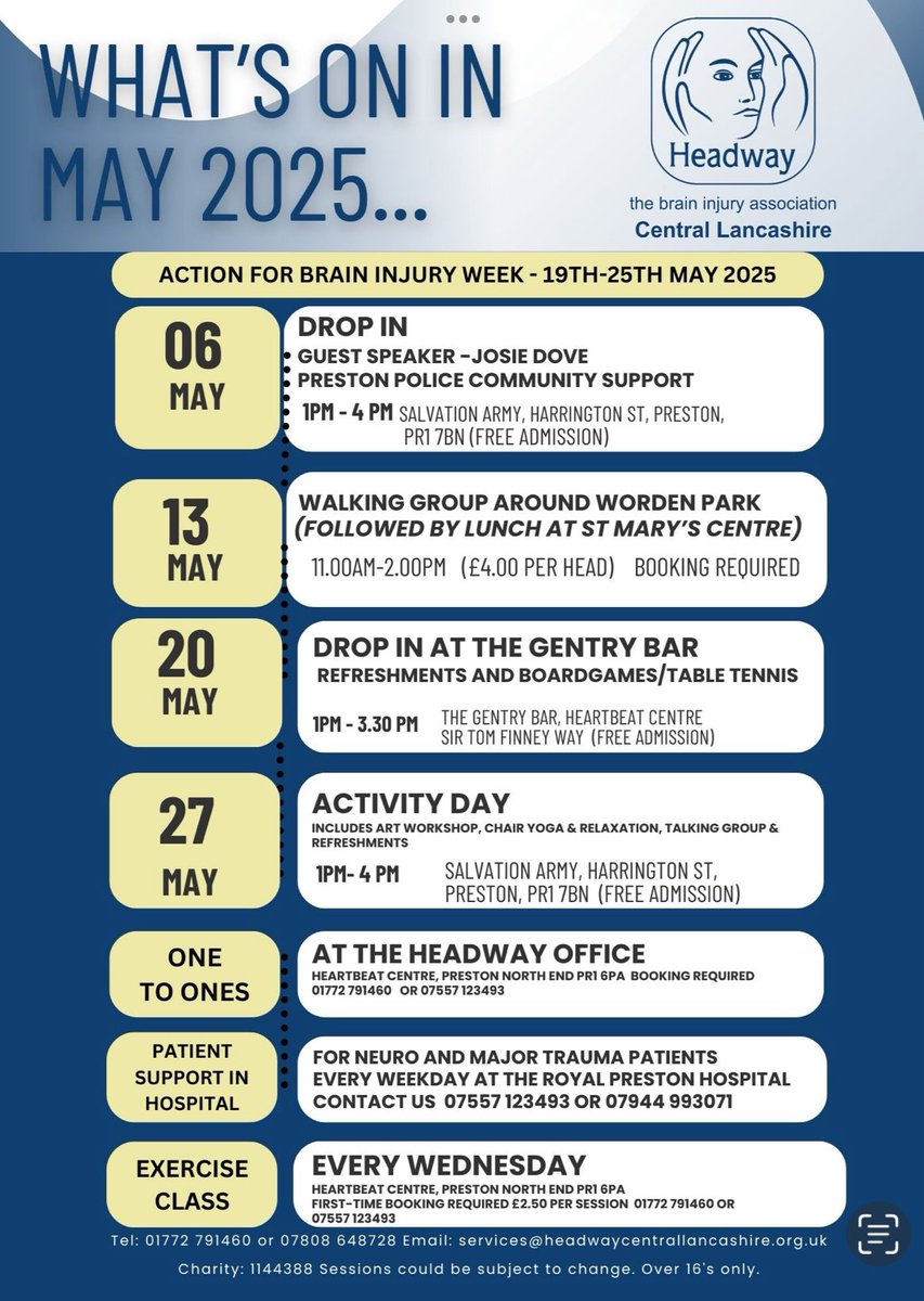 Headway Central Lancashire (@headwaycl) on Twitter photo What’s On in May 2025 for adults with acquired brain injury and after a major trauma.
More information:
Office: 01772 791460
Helpline: 07557 123 493
Email: services@headwaycentrallancashire.org.uk
<a href="/MTPSSCL/">MTPSS Central Lancashire</a> What’s On in May 2025 for adults with acquired brain injury and after a major trauma.
More information:
Office: 01772 791460
Helpline: 07557 123 493
Email: services@headwaycentrallancashire.org.uk
<a href="/MTPSSCL/">MTPSS Central Lancashire</a>