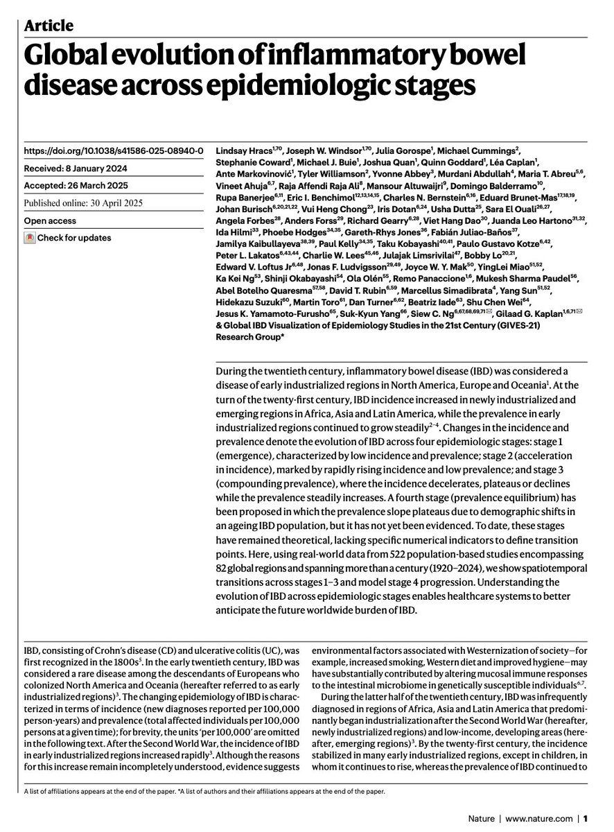 Charlie Lees (@charlie_lees) on Twitter photo New in <a href="/Nature/">nature</a> - Landmark epidemiological study on global IBD
Led by the brilliant <a href="/gilkaplan/">Gil Kaplan MD MPH</a> and team
Delighted that we could contribute our Lothian IBD Registry data @gastrogrj <a href="/EdinUni_IGC/">Institute of Genetics and Cancer</a> <a href="/NHS_Lothian/">NHS Lothian</a> New in <a href="/Nature/">nature</a> - Landmark epidemiological study on global IBD
Led by the brilliant <a href="/gilkaplan/">Gil Kaplan MD MPH</a> and team
Delighted that we could contribute our Lothian IBD Registry data @gastrogrj <a href="/EdinUni_IGC/">Institute of Genetics and Cancer</a> <a href="/NHS_Lothian/">NHS Lothian</a>