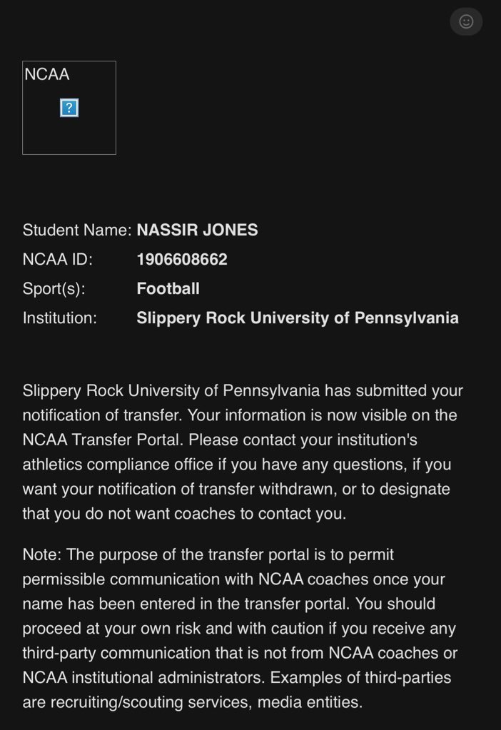 I would like to thank Slippery Rock University for making me a better person and giving me the opportunity, it’s been a blessing. With one year of eligibility remaining, I’m officially in the transfer portal.