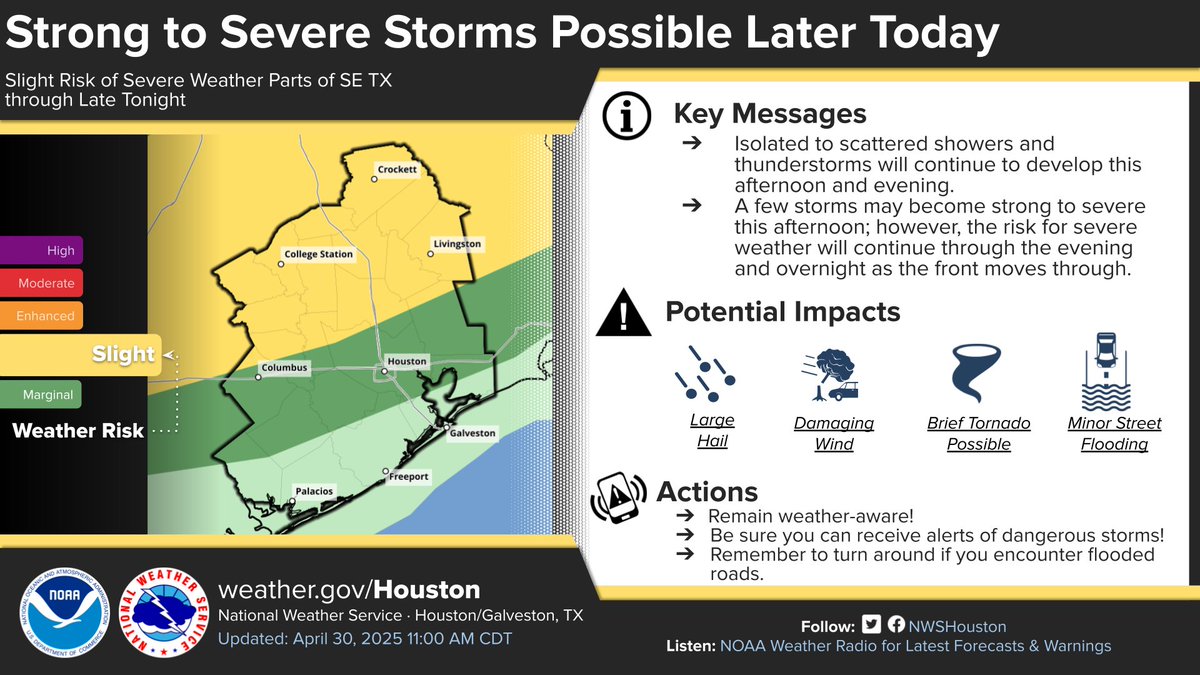Showers &amp; storms expected this afternoon/evening with the best chances north of I-10. A few storms could become strong to severe.

Stay weather aware, especially if you are at or heading north this afternoon/evening. 

Always make sure you have multiple ways to receive warnings!