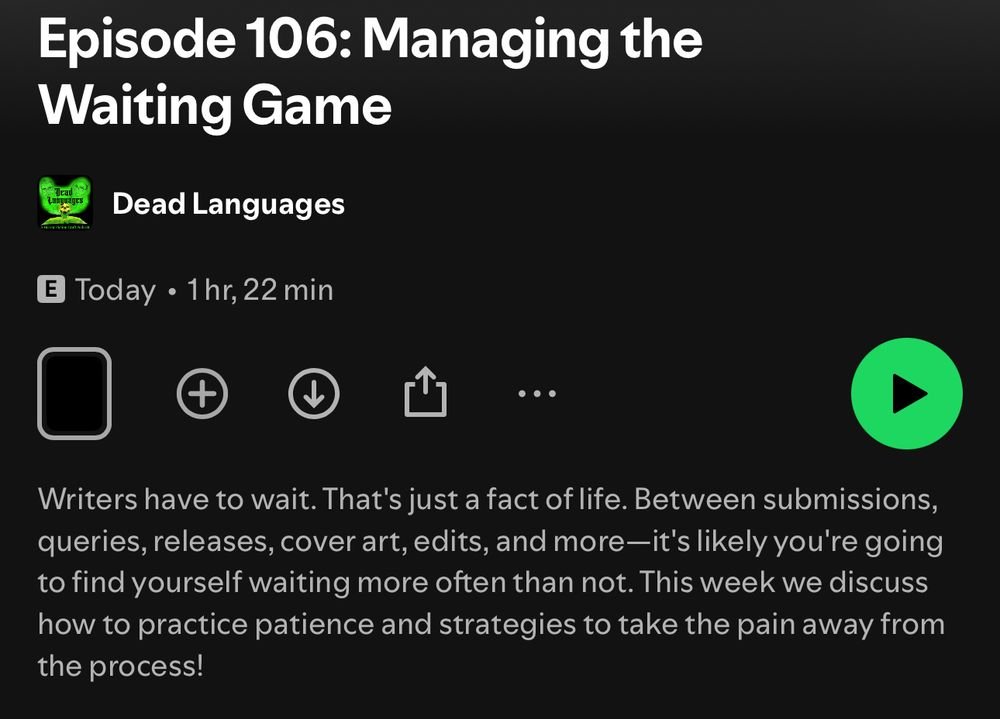 New episode! How do you deal with all the waiting that comes with  publishing (besides listening to a writing podcast with more fluids than  a reusable condom)?

open.spotify.com/episode/2U5eUv…