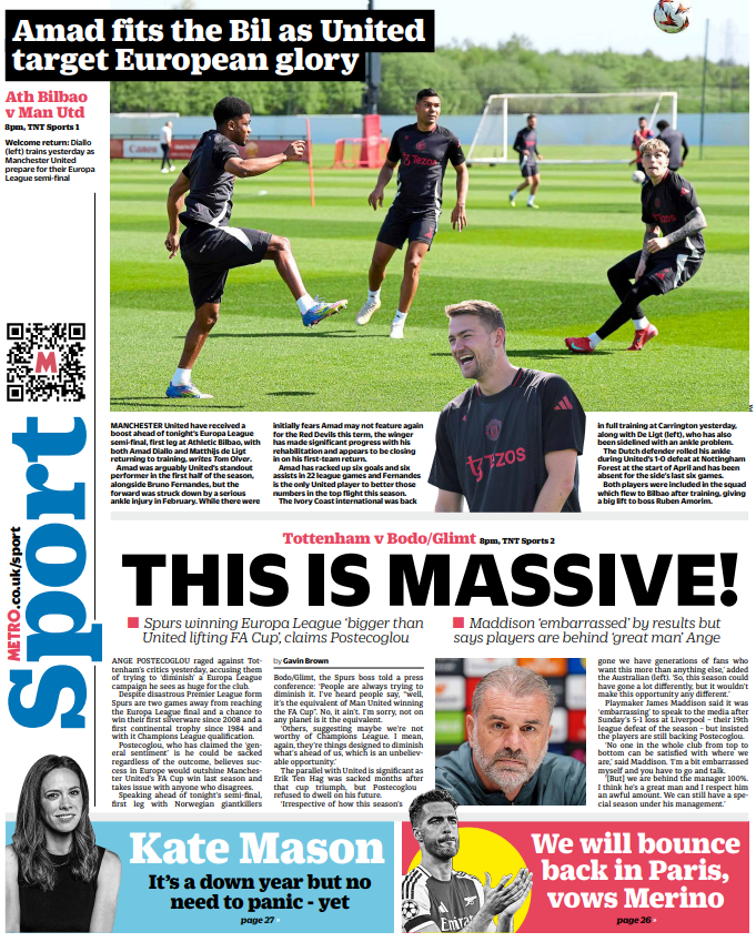 metrosportHQ's tweet photo. Tottenham and Manchester United target Europa League glory on Thursday's back page. https://t.co/V0xUdbEows