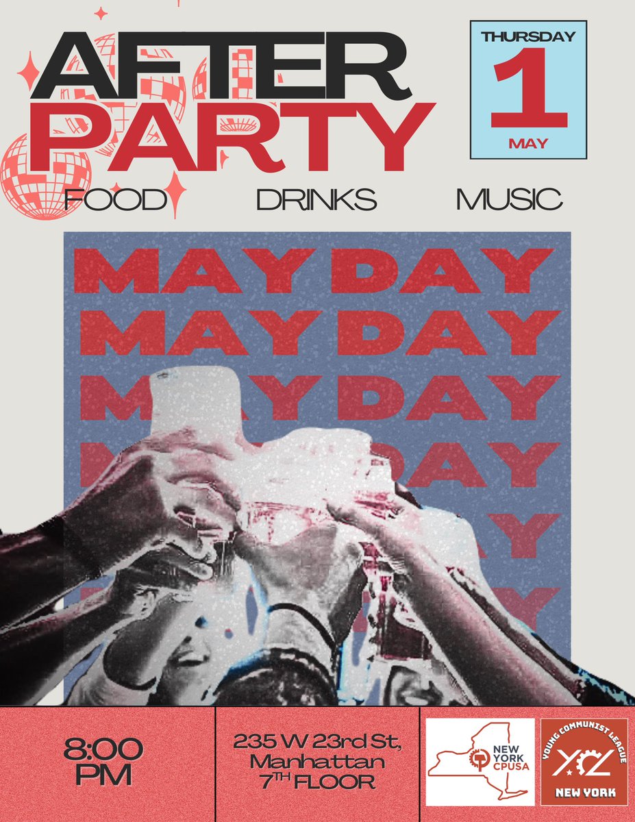TOMORROW come and celebrate International Workers’ Day (AKA MAY DAY)with the Young Communist League and Communist Party USA! 🎉

There will be free food, drinks, music, and comrades! All are welcome so invite your friends! Stop by and chat it up with other organizers and friends