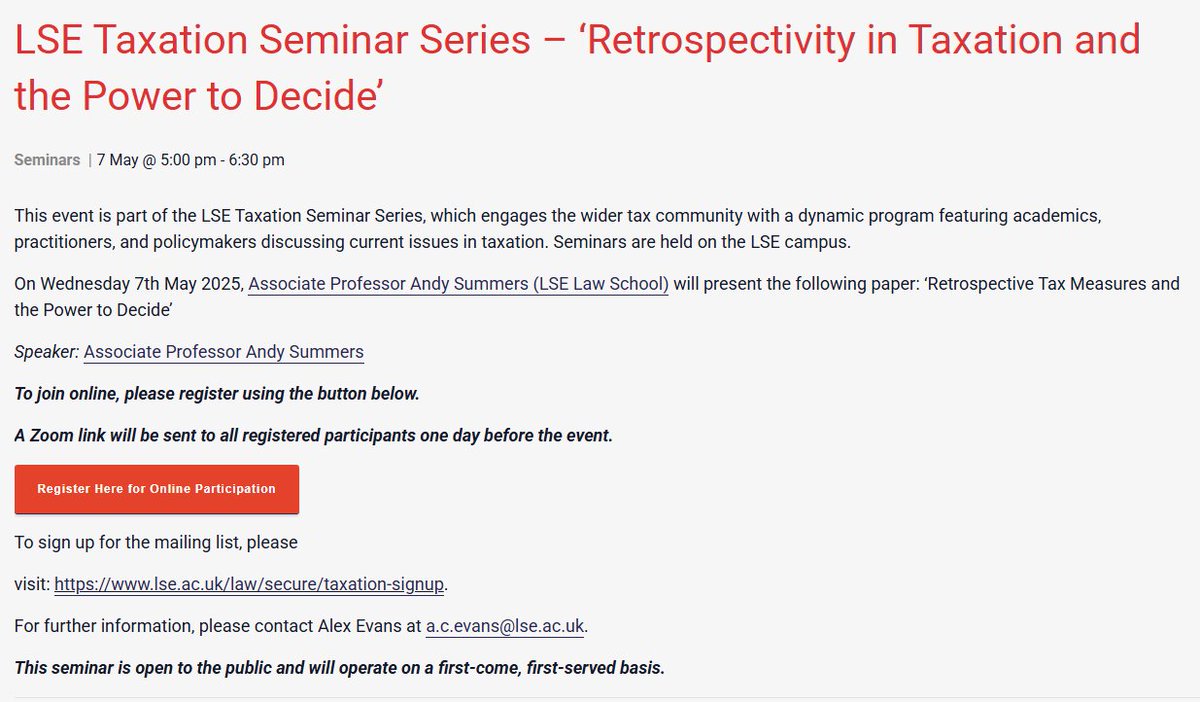 TLex (@taxseminarsit) on Twitter photo 07-05-25 -💻- Retrospectivity in Taxation and the Power to Decide (Taxation Seminar Series <a href="/LSELaw/">LSE Law School</a>) - Speaker: Prof. A. Summers <a href="/Summers_AD/">Andy Summers</a> 👇lselaw.events/event/lse-taxa… #TaxTwitter #taxation 07-05-25 -💻- Retrospectivity in Taxation and the Power to Decide (Taxation Seminar Series <a href="/LSELaw/">LSE Law School</a>) - Speaker: Prof. A. Summers <a href="/Summers_AD/">Andy Summers</a> 👇lselaw.events/event/lse-taxa… #TaxTwitter #taxation