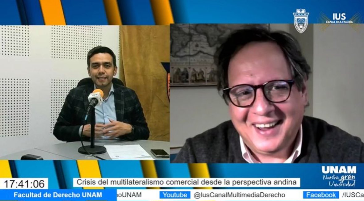 Programa de 📻 de Comercio Exterior <a href="/DerechoUNAMmx/">Facultad de Derecho</a> 

Nuestra muy interesante y pertinente plática con Michel Levi de la <a href="/uasbecuador/">Universidad Andina</a> sobre la "Crisis del multilateralismo comercial desde la perspectiva andina"

Videos 

👉 facebook.com/share/v/14hcw7…

👉 youtube.com/live/69aF3ffy7…