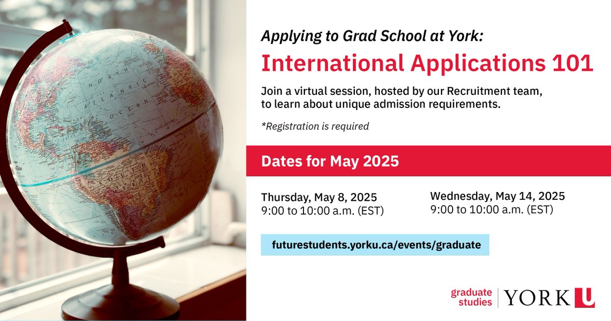 Hey Future Students! Join our Graduate Recruitment team to discuss questions you may have about international admissions at York. This is a free, virtual drop-in event with multiple dates to choose from! 

RSVP: bit.ly/3lP4s8T

#GradStudiesYU #YorkU