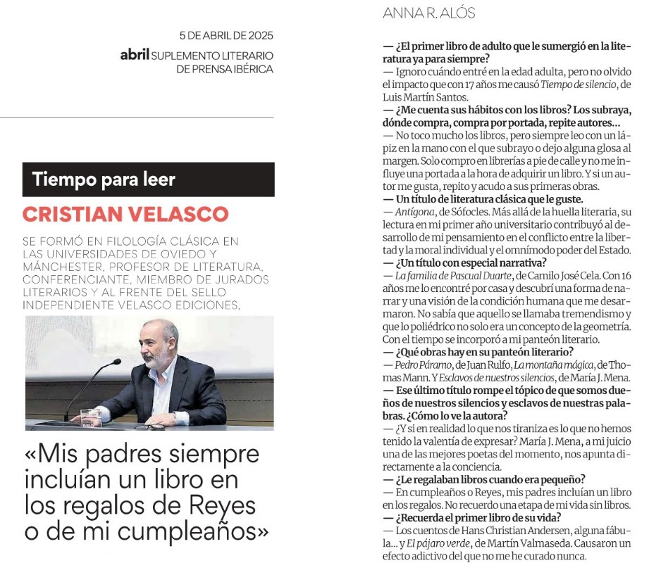 Muy agradecida a Cristian Velasco por sus palabras hacia mi libro Esclavos de nuestros silencios (<a href="/Improntaeditora/">Editorial Impronta</a>) en la entrevista de Anna R. Alós para Abril, suplemento literario de <a href="/elperiodico/">El Periódico</a> y 22 cabeceras más de <a href="/PrensaIberica/">Prensa Ibérica</a>.