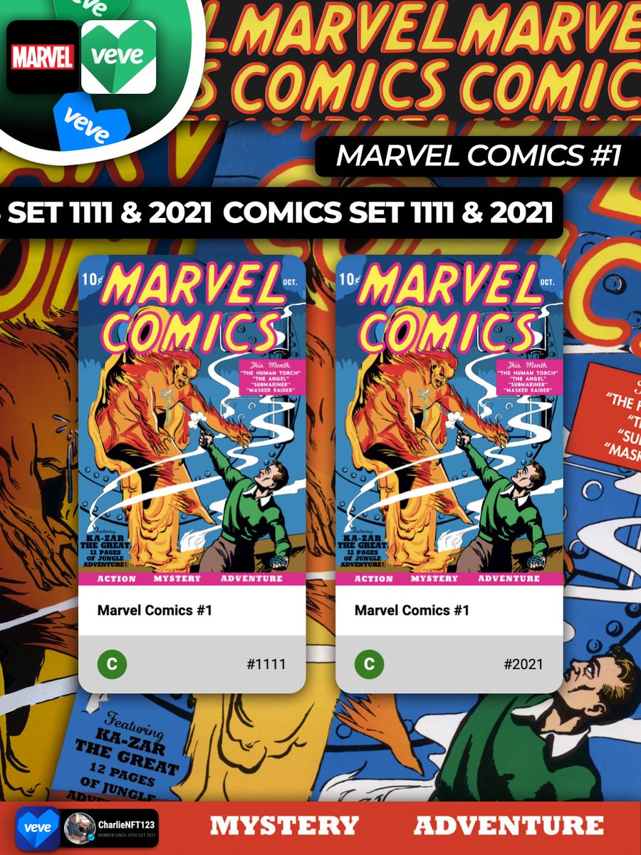 2021 First Drop Date Marvel

1 - First Ever Marvel Print Comic
1 - First Ever VeVe Digital Comic
1 - First Ever Appearance Human Torch
1 - First Ever Appearance Namor

11 - Nov 2nd Reprinting (‘39)
1111: 1st 4-Same-Digit-Binary Palindrome

MINT HUNTERS REJOICE!!!! 🔥
#veve