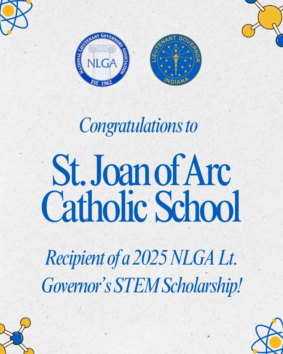Lt. Governor Micah Beckwith (@lgmicahbeckwith) on Twitter photo I'm happy announce that St. Joan of Arc Catholic School is a recipient of a 2025 <a href="/NLGA/">National Lieutenant Governors Association (NLGA)</a> Lt. Governor's STEM Scholarship!
This grant will fund outdoor, hands-on activities, which introduce elementary students to STEM in a new way. Investing in our kids' education is one of the I'm happy announce that St. Joan of Arc Catholic School is a recipient of a 2025 <a href="/NLGA/">National Lieutenant Governors Association (NLGA)</a> Lt. Governor's STEM Scholarship!
This grant will fund outdoor, hands-on activities, which introduce elementary students to STEM in a new way. Investing in our kids' education is one of the