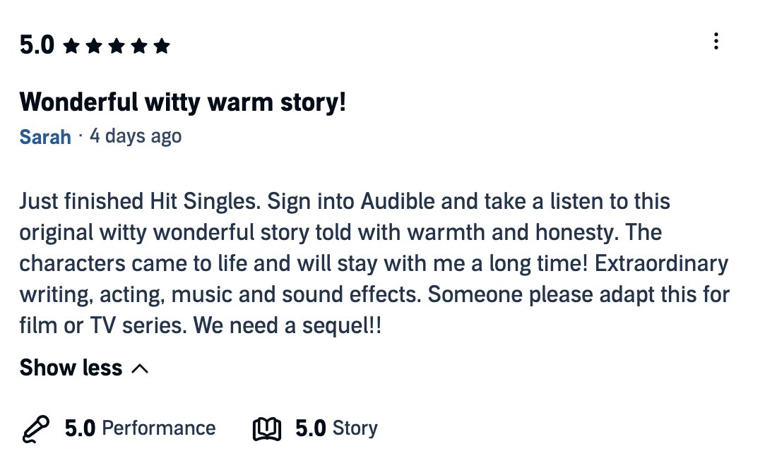 Some of the latest reviews of Hit Singles. They loved the show. (Well - 1 of them loved most of the show, but found the story to be mid I guess! 😅)

As people listen, they realize what I've known for years:

1. It's a special show.

2. We need more of it.

3. David is #SexyAF!