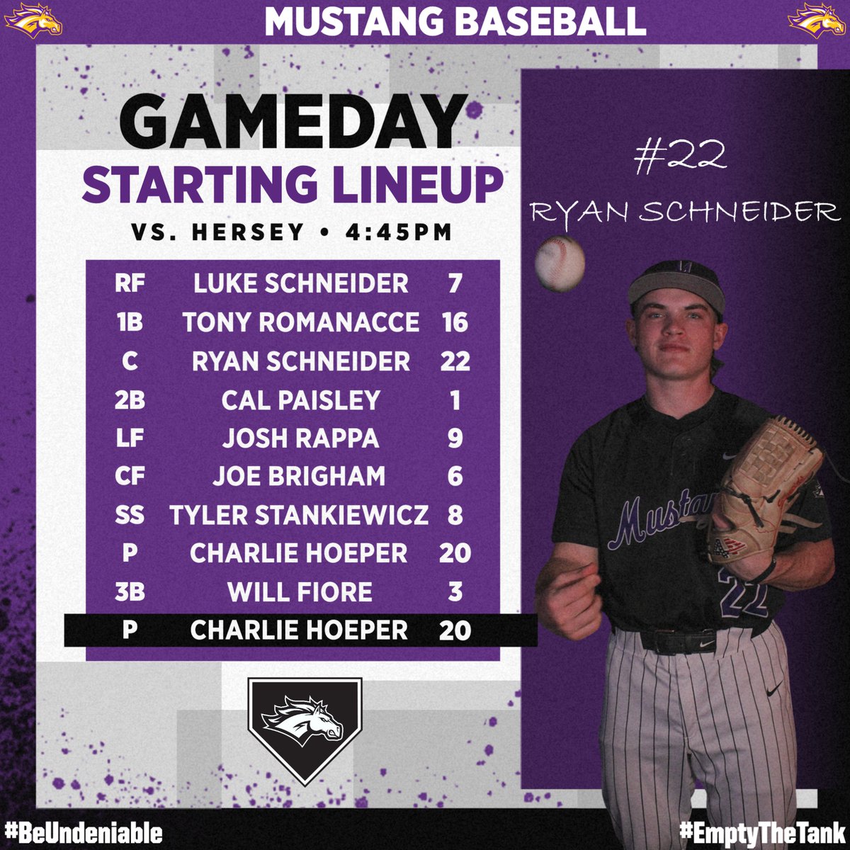 Mustangs starting 9 in Game 2 against Hersey.

⏰ 4:45pm
📍 John Hersey High School
📊web.gc.com/teams/nDtQTuTr…