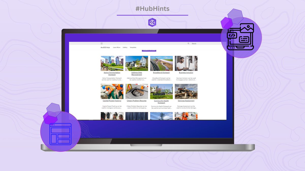 ArcGISHub's tweet image. Get a head start on creating your hub by applying a template! We have a variety of templates to choose from, each aimed at a common Hub use case. Browse to discover new ways to engage your community. ow.ly/8r8Y50VJW44  #HubHints