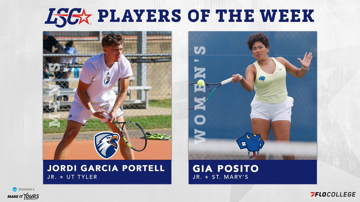 Lone Star Conference (@lonestarconf) on Twitter photo #LSCtennis Players of the Week ๐พ
Men's: Jordi Garcia Portell, <a href="/uttylerpatriots/">UT Tyler Patriots</a>
Women's: Gia Posito, <a href="/StMarysRattlers/">St. Mary's Rattlers</a>
๐ bit.ly/4jWgzJp
#D2mten #D2wten #LSCtennis Players of the Week ๐พ
Men's: Jordi Garcia Portell, <a href="/uttylerpatriots/">UT Tyler Patriots</a>
Women's: Gia Posito, <a href="/StMarysRattlers/">St. Mary's Rattlers</a>
๐ bit.ly/4jWgzJp
#D2mten #D2wten