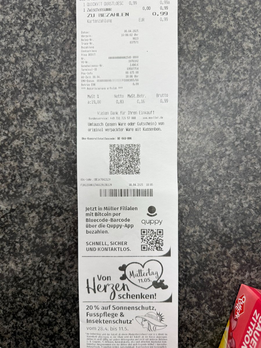 🚨 BREAKING: Müller, one of Europe’s biggest drugstore chains, makes a bold move – #Bitcoin is here!

From now on, every receipt in 950+ stores with over 35,500 employees says:

🧾 "Now pay with #Bitcoin in Müller stores"

With billions in revenue and locations in DE, AT, CH, ES,