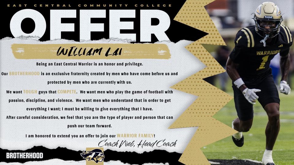 William Lai (@williamlai2026) on Twitter photo After a Great talk with <a href="/coach_HarrisT/">Tyler Harris</a> & <a href="/JameyDubose/">Jamey DuBose</a> , I am extremely blessed to earn/receive my first offer from East Central Community College! #AGTG <a href="/Coach_Luther/">Coach Ben Luther 🏈🥞‼️</a> <a href="/BiloxiFB/">Biloxi High Football</a> <a href="/_GabrielMyles/">Gabriel Myles</a> <a href="/ECCCAthletics/">ECCC Athletics</a> After a Great talk with <a href="/coach_HarrisT/">Tyler Harris</a> & <a href="/JameyDubose/">Jamey DuBose</a> , I am extremely blessed to earn/receive my first offer from East Central Community College! #AGTG <a href="/Coach_Luther/">Coach Ben Luther 🏈🥞‼️</a> <a href="/BiloxiFB/">Biloxi High Football</a> <a href="/_GabrielMyles/">Gabriel Myles</a> <a href="/ECCCAthletics/">ECCC Athletics</a>