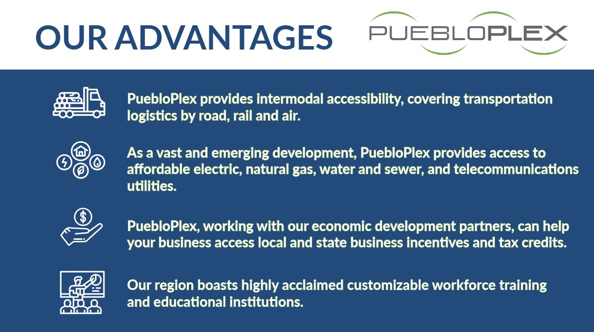 Our Advantages!
With 23,000 acres, rail access, prime location, and a future-focused vision, PuebloPlex is built for growth. Ideal for manufacturing, logistics, and innovation—your next opportunity starts here. #PuebloPlex #WeAreReady