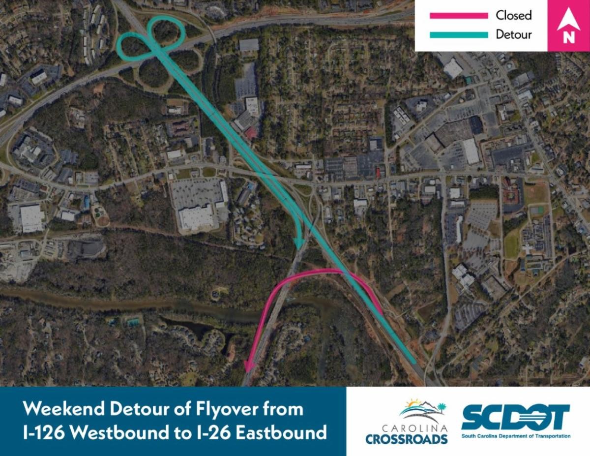 scdotCrossroads's tweet image. Tonight (4/30), SCDOT will have an overnight closure of the I-126 Westbound flyover ramp to I-26 Eastbound for paving.
Drivers will be detoured to I-26 Eastbound.
Read the full release: bit.ly/4jZkKEA