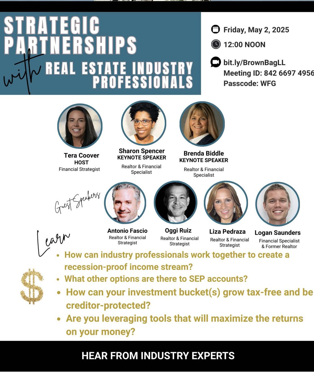 🚨 Real Estate Professional🚨
Learn how to recession-proof your income, grow wealth tax-free &amp; protect your investments!
🗓️ Friday, May 2, 2025
🕛 12:00 NOON ET
🔗 bit.ly/BrownBagLL
🆔 Meeting ID: 842 6697 4956 Passcode: WFG
#RealEstateWealth #PassiveIncome #RealEstatePros