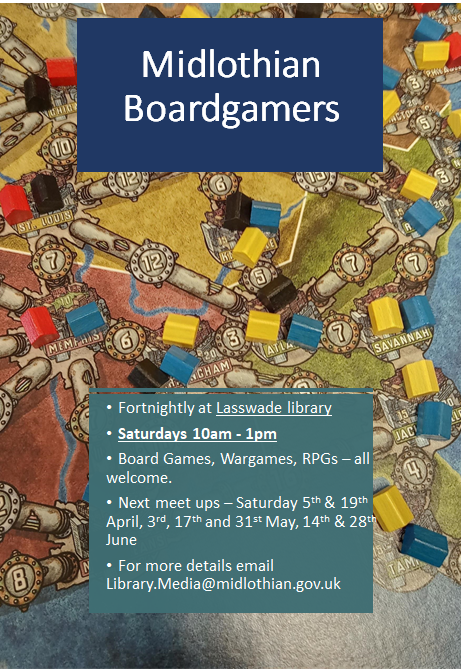MidLibraries's tweet photo. Come along to the Midlothian Boardgamers Club ๐ฒโ๏ธ
This fortnightly group is on in #Lasswade Library, 10am-1pm. Join us for board games, wargames and RPGs - all are welcome!
The next meetup is Saturday 3rd May 2025 ๐งฉ
For more info, email library.media@midlothian.gov.uk https://t.co/8cCiyLIsDi