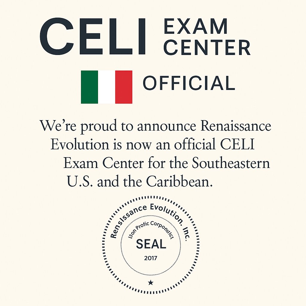 Big news! Renaissance Evolution is now an official CELI Exam Center for the Southeastern U.S. and the Caribbean. Italian language, global future. 🇮🇹✨
#CELI #ItalianLanguage #CulturalBridge #RenaissanceEvolution