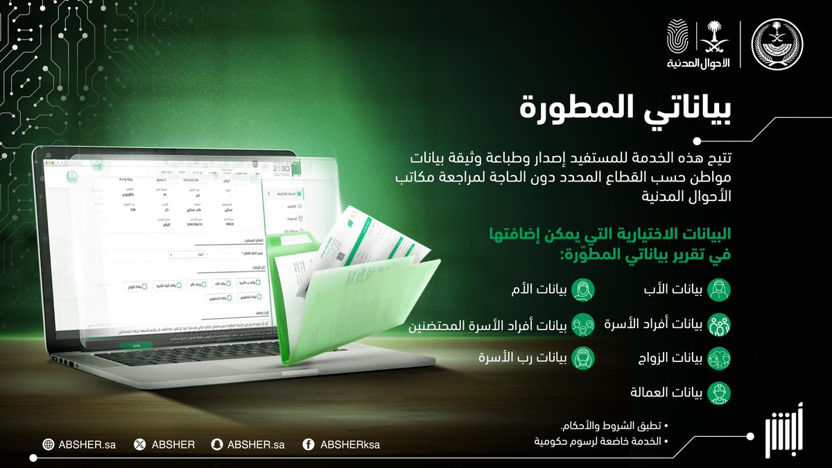 عبر خدمة بياناتي المطورة..
يمكنك إصدار وطباعة وثيقة بيانات مواطن بكل سهولة من خلال موقع منصة #أبشر.

#أسهل_أسرع