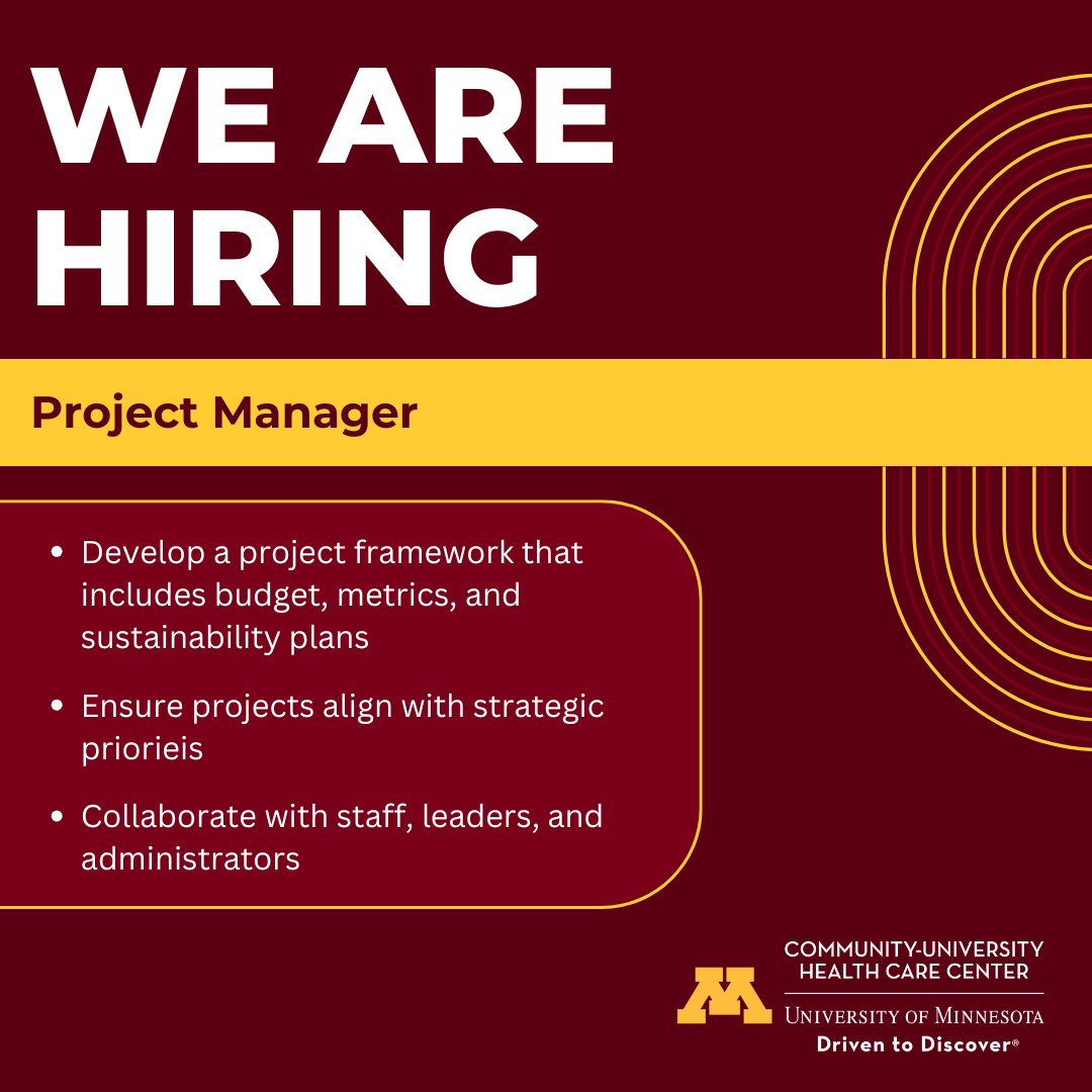 We are hiring a project manager to work with senior leaders to plan, coordinate, and implement projects that align with our strategic priorities. If this sounds like you or someone you know, consider CUHCC for your next job! ow.ly/g5FG50VKKuV

#NowHiring #HealthCareers