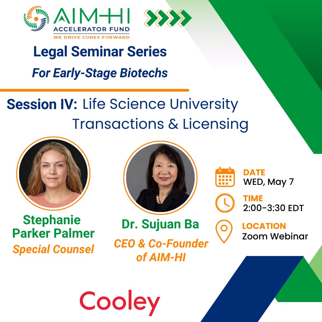 Join us May 7 at 2PM for Session 4 Life Science University Transactions &amp; Licensing!
Stephanie Parker Palmer breaks down SRAs, option deals, and license agreements hosted by Dr Sujuan Ba of AIM-HI.
Register: hubs.ly/Q03kw3_L0
#Biotech #LifeScience #TechTransfer #StartupLaw
