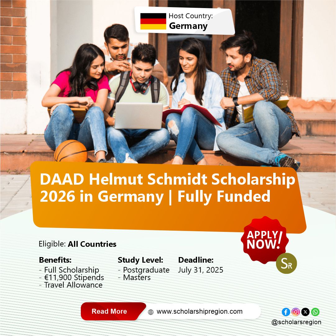 scholarsregion's tweet image. DAAD Helmut Schmidt Scholarship 2026 in Germany | Fully Funded

Country: Germany🇩🇪
Benefits:
⭐Full Scholarship &amp;amp; €11,900 Annual Stipends
✅Travel Allowance

Category: Masters
Eligible: All Countries
Deadline: July 31, 2025

APPLY↙️
scholarshipregion.com/daad-helmut-sc…