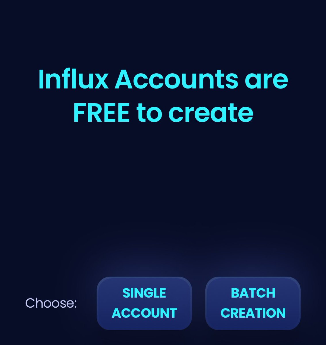 Get started in 1 transaction:
1️⃣ Connect any wallet
2️⃣ Pick the NFT you want to claim an Influx account for
3️⃣ Enter your treasury address + royalty (0-10)
4️⃣ Hit Create — one tx later, your smart-account is live. Your EOA only pays gas; the account does the work.

#Influx #NFT