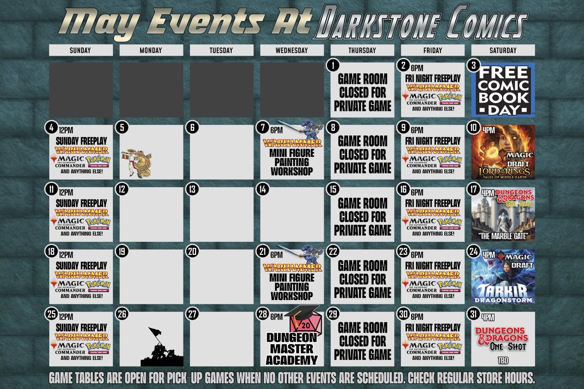 DarkstoneComics's tweet photo. 🔥 May is coming in HOT at Darkstone Comics! 🔥
It’s our first full May at the new Chester location, and we’ve got a stacked lineup of events you won’t want to miss! 🎉🎲🎨

📅 Here's what's coming up: https://t.co/mEOJGPvs4k