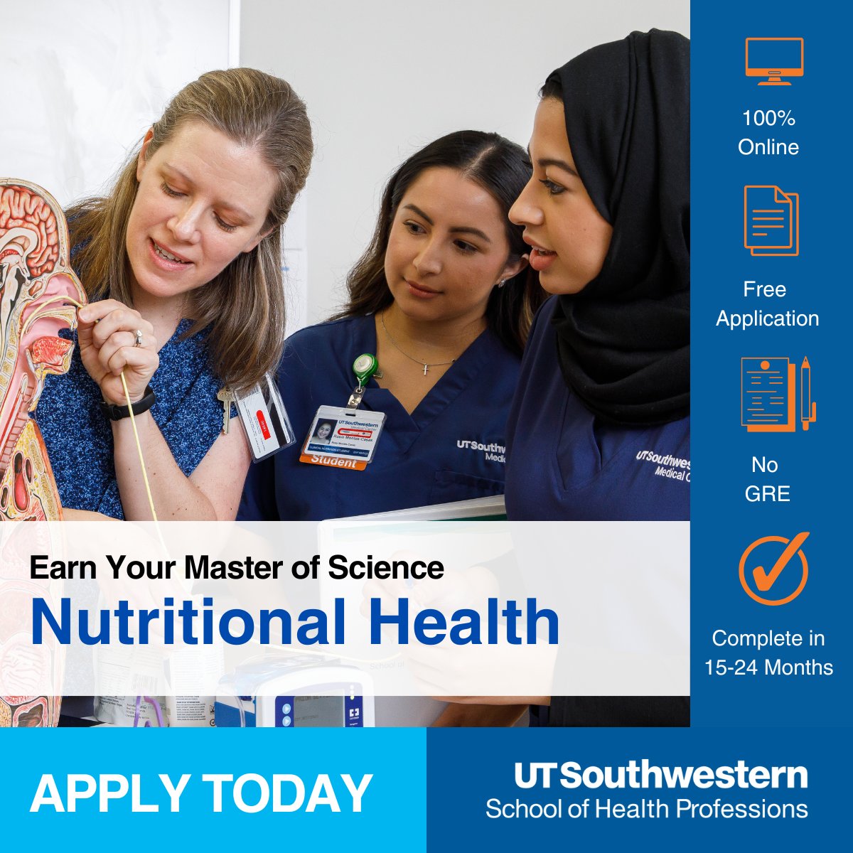 UTSWedu's tweet image. Today is the last day to apply to the Master of Science in Nutritional Health program. Take your career to new heights with this self-paced, virtual program. Apply today. bit.ly/4b5YKV4