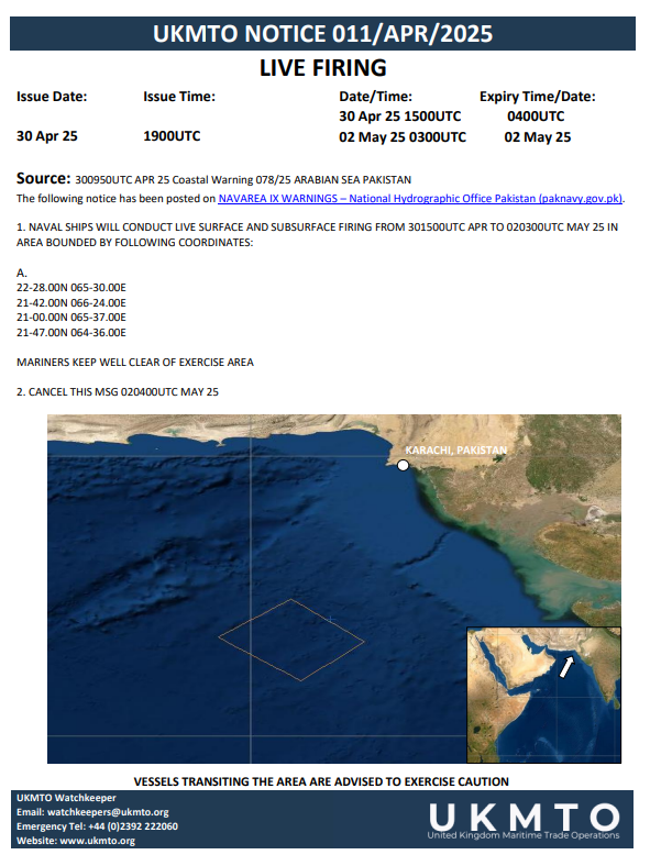 UKMTO LIVE FIRING NOTICE 011 APR 2025

20250430_ukmto-notice_011_-apr_2025.pdf

#MaritimeSecurity #MarSec