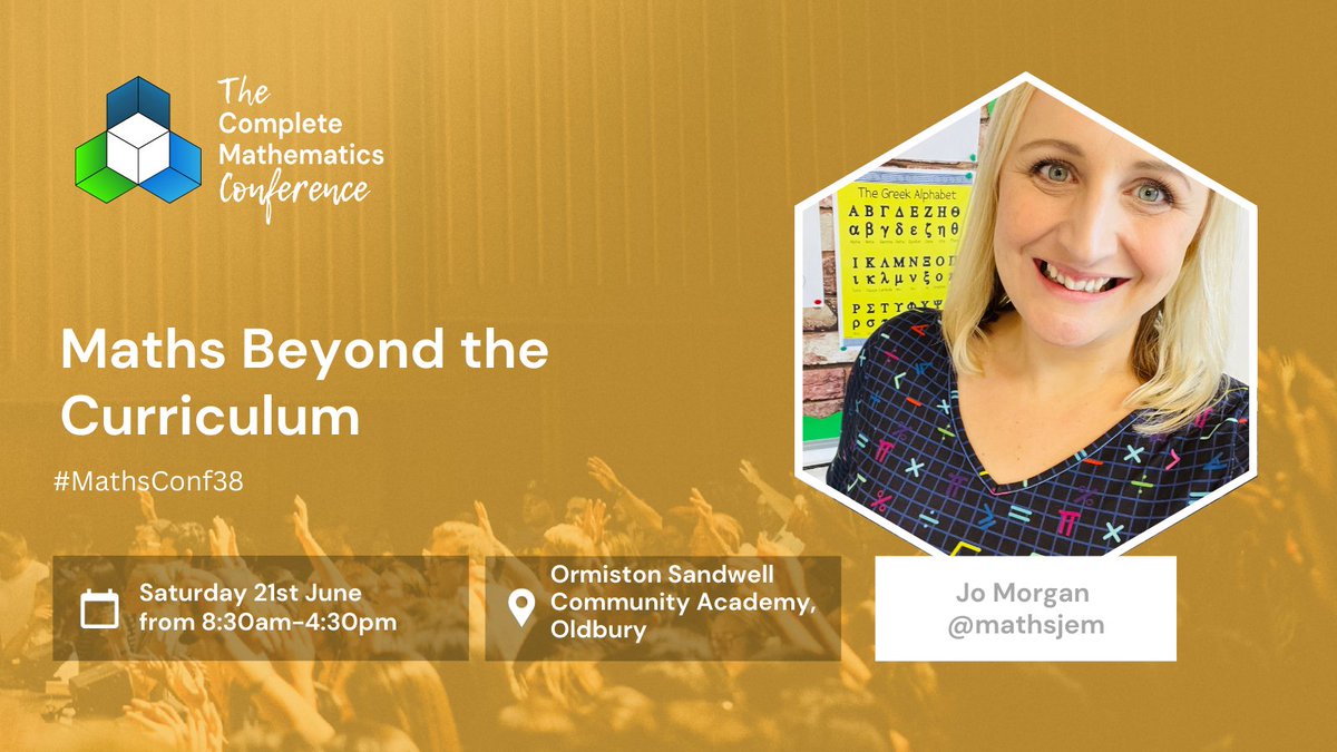 We're excited to announce the first #MathsConf38 workshop! 

🔢🎲 Maths Beyond the Curriculum 🟩🟨

This one will be run by
<a href="/mathsjem/">Jo Morgan</a>

Learn more about this workshop, propose a session and book your ticket here:
completemaths.com/community/math…