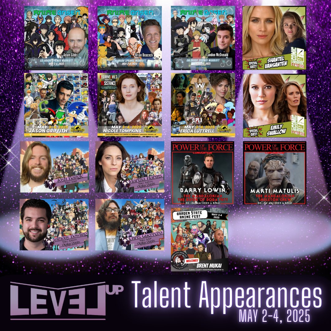 🎤 Level Up is all over the map May 2–4!
📍CO, TX, NJ, NY, DE &amp; UK—our talent is leveling up across the globe! 🌍💫
Catch them at:
Anime Onsen | Otaku Oasis | Saratoga CC | Garden State AF | Comic Con Liverpool | Power of the Force!

#LevelUpEntertainment #ConLife
