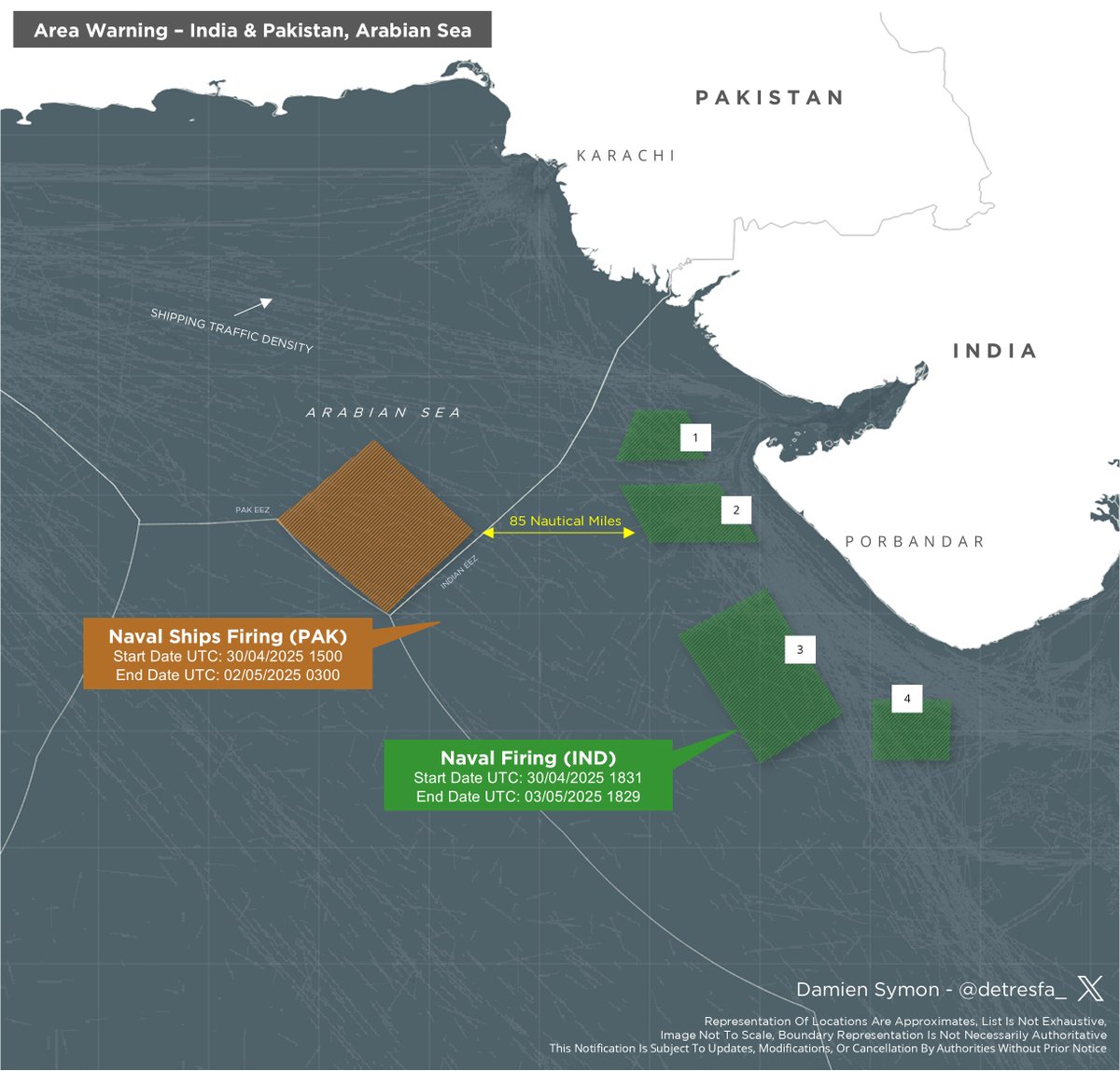 detresfa_'s tweet photo. Now India issues 4 notifications (green) for naval firing in coastal area off Gujarat just 85-nautical miles from where Pakistan is doing its naval drills in the Arabian Sea

Dates 
30 April - 03 May 2025 (Ind)
30 April - 02 May 2025 (Pak) https://t.co/kLqoaYFoPK
