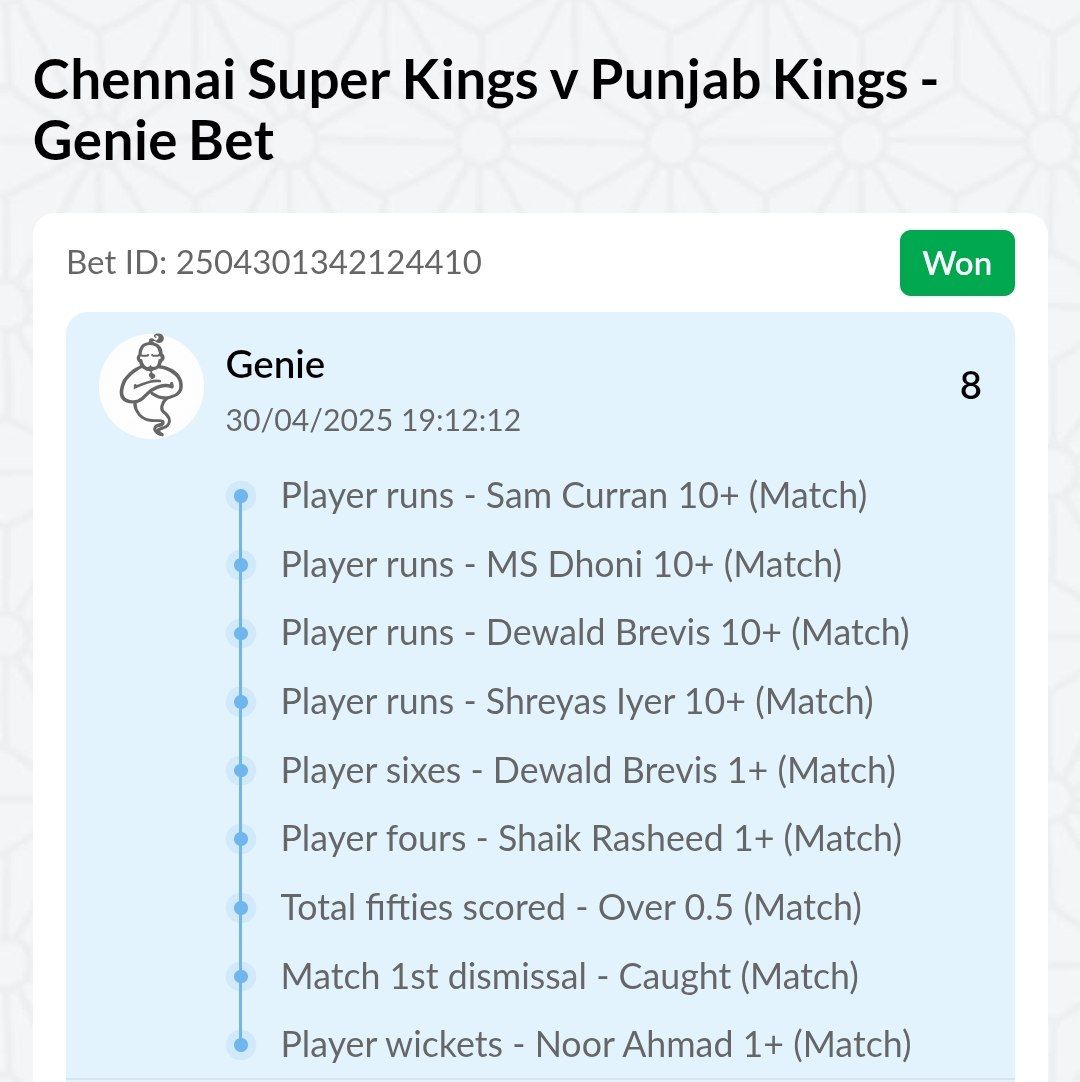 Sudhars4249's tweet image. CRACKED 8 ODDS GENIE 🤩🤩✅✅💥

Thank u Both the Teams 🥳🥳

#IPL2025 #cskvspkbs